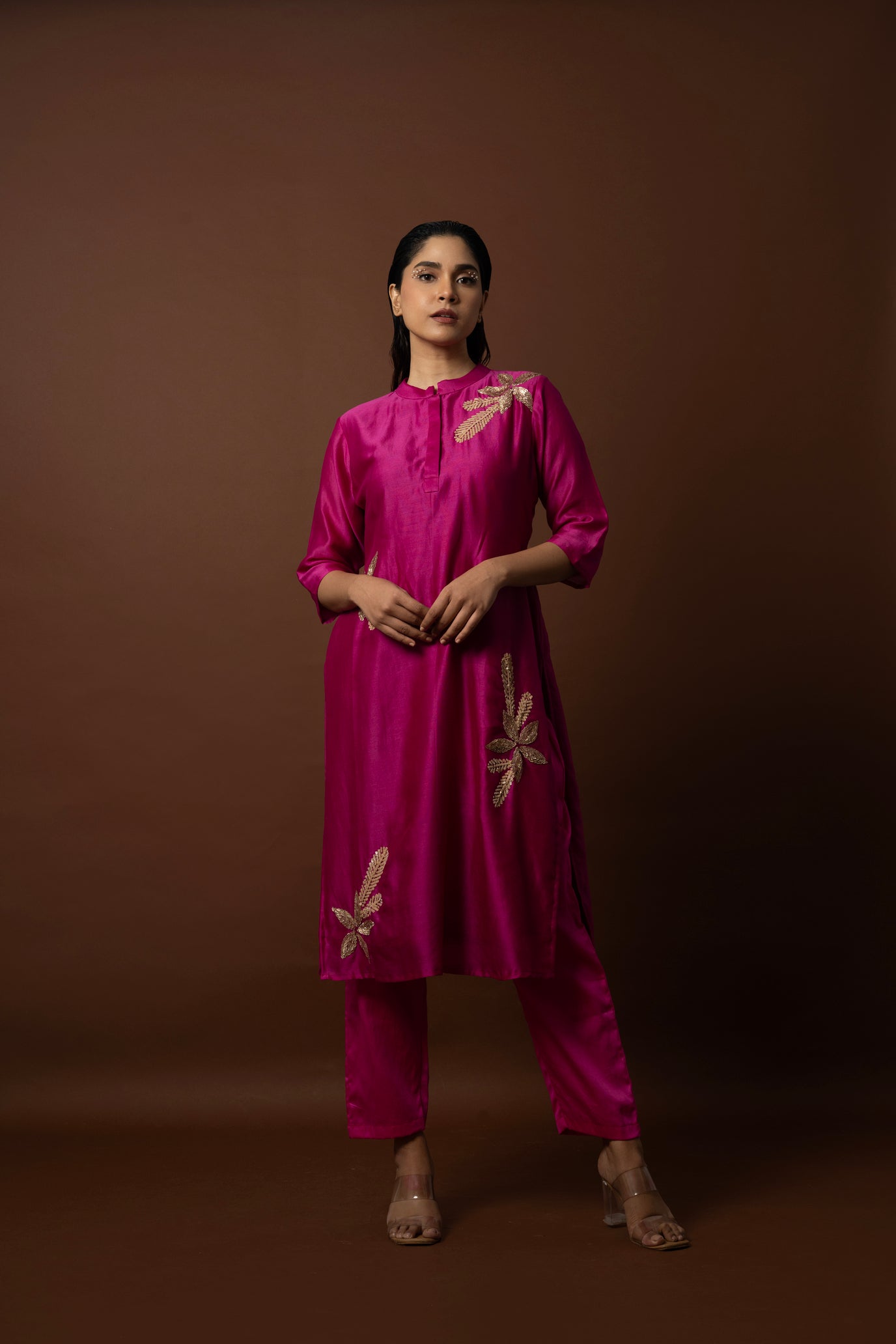 Elegant Kurta Set on Chanderi with Floral Sequins Embellishment - 1533