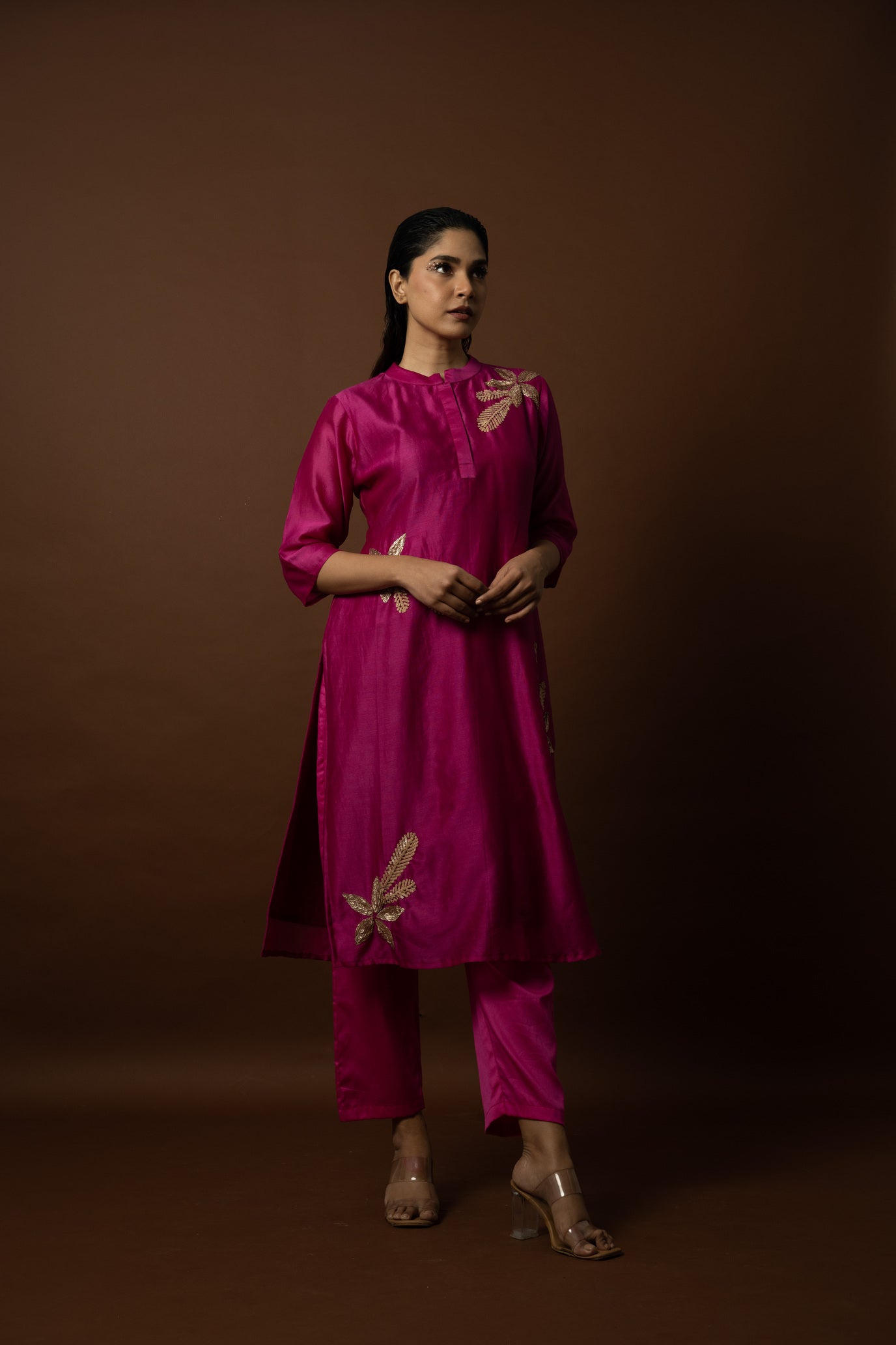 Elegant Kurta Set on Chanderi with Floral Sequins Embellishment - 1533