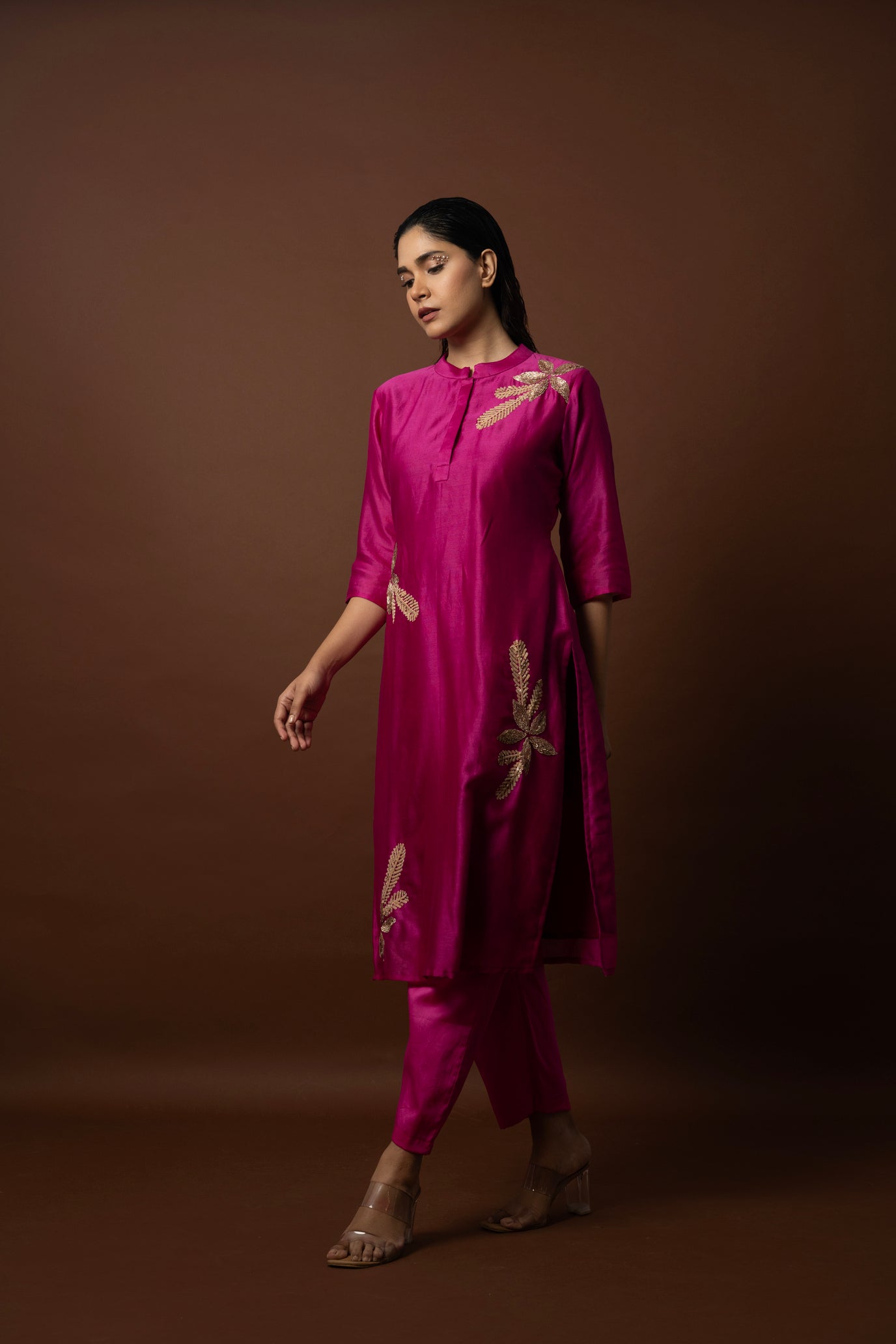 Elegant Kurta Set on Chanderi with Floral Sequins Embellishment - 1533